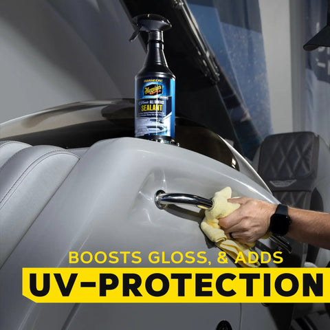 32 oz Hybrid Ceramic All Surface Sealant for Marine and RV use displayed on a boat, showcasing UV protection and gloss enhancement.
