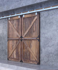 Heavy Duty Galvanized Double Barn Door Hardware Kit With Rock Solid Tracks And Slick Rolling Action Engineered For Outdoor Installations On Doors Up To 60 Inches Wide, featuring rustic wooden double doors.