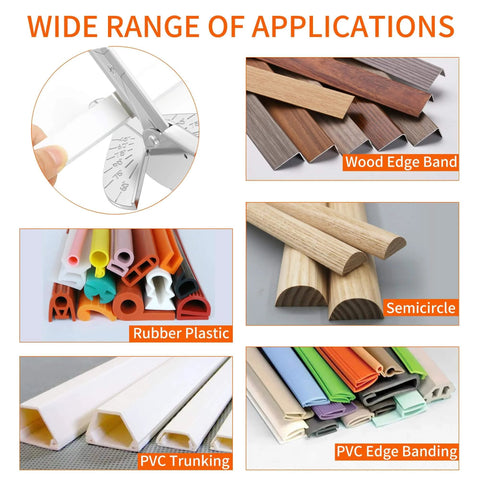 Multi-angle miter shear cutter set adjustable 45 to 135 degrees for trim applications including PVC and wood edge band
