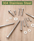High Grade 25 Pc 1/4X2 Inch Hex Lag Screws Heavy Duty 304 Stainless Steel Rustproof hardware arrangement on wood surface