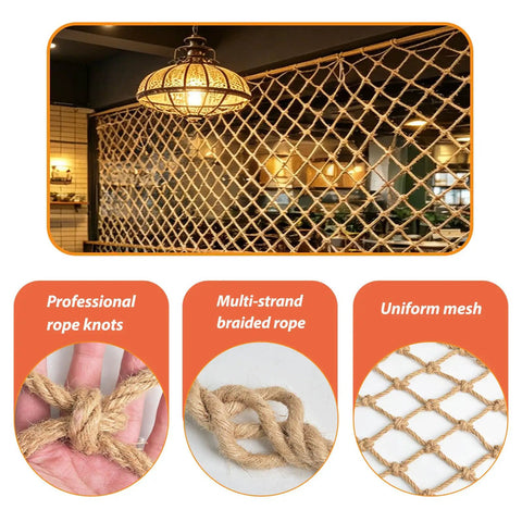Heavy Duty Natural Jute Hemp Rope Net For Balcony And Stair Rails Straight Up Safe For Kiddos with uniform mesh and braided design.