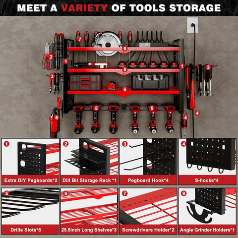Power Tool Organizer Wall Mount With UL Certified 6 Outlet Charging Station 4 Layer 6 Slot Cordless Drill Holder And Angle Grinder Holder Red Heavy Duty Garage Workshop Storage showing organized tools and accessories