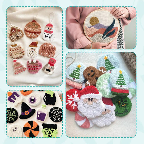 Various punch needle embroidery designs using a Purple Punch Needle Kit For Beginners With Wooden Handles And Adjustable Needles