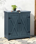Weatherproof Outdoor Storage Cabinet for Patio and Garden with Shelves and Heavy Duty Metal Tabletop and Wooden Potting Table Workstation Built to Last and Easy Assembly in gray finish on a patio.