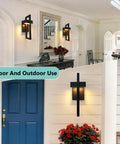 Killer Matte Black Outdoor Wall Lanterns 2-Pack Dimmable LED Wall Sconces with 5 Adjustable Color Temps, shown in indoor and outdoor settings.