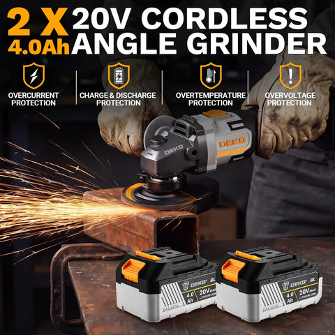 Badass 4 5 Inch Cordless Angle Grinder With 20V Brushless Motor And Dual Batteries Plus Charger in action with sparks.