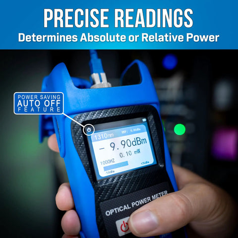Professional Fiber Optic Power Meter Kit Boasts Slick Blue Build And Rock Solid Accuracy For Field Techs Seeking Dependable Minus 50 To Plus 26 Decibel Levels Without The Hassle During Any Site Survey Or Drop Test showing precise readings on display.