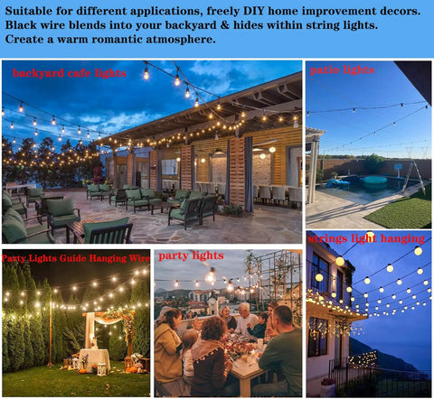 164ft Outdoor String Light Hanging Kit With Heavy Duty Black Vinyl Coated Stainless Steel Wire Rope illuminating patio and backyard