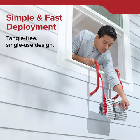 Man deploying Emergency Home Fire Escape Ladder Rope 3 Story Extendable To 25 Feet Must Have No Fuss Window Mount