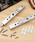 Two Sets Stainless Steel Flush Bolt For Double Doors Hidden Slide Bolt Latch Security Lock With Vertical Installation Easy To Install With Screws No Fuss Works On Wood And French Doors Durable Door Hardware For Smooth Quiet Locking And Clean Look shown with installation screws and plates on wooden background.