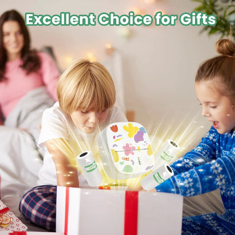 Portable Mini Sticker Printer With Bluetooth Inkless Thermal Technology, kids unboxing gift with 3 roll paper pack in living room