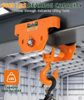 Adjustable I-Beam Push Beam Trolley 3 Ton Capacity Drop-Forged Swivel Hoist Hook mounted on steel beam with 6600 lbs capacity.