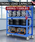 Extra Tough Five Inch Caster Wheels With Dual Spring Shock Absorption on a heavy duty rack holding tires and generators.