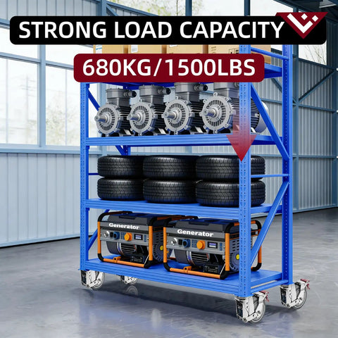 Extra Tough Five Inch Caster Wheels With Dual Spring Shock Absorption on a heavy duty rack holding tires and generators.