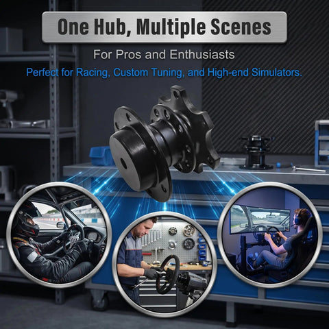 Universal Quick Release Steering Wheel Hub Adapter Kit With Anti Theft Six Bolt Boss Plate And Raised Spacers shown in workshop setting.