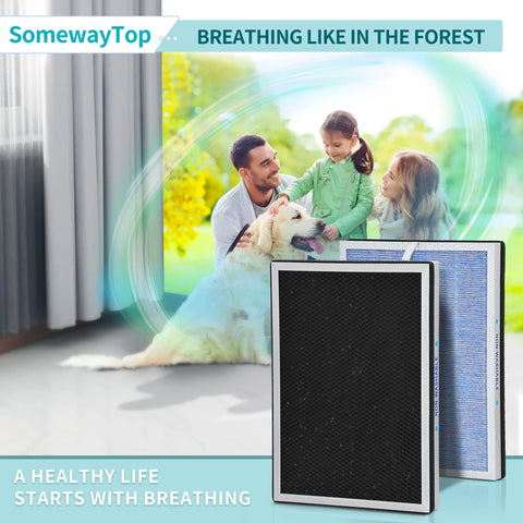 Replacement Filter For Membrane Solutions Air Purifier With 3-In-1 Filtration shown with family and dog in fresh home environment
