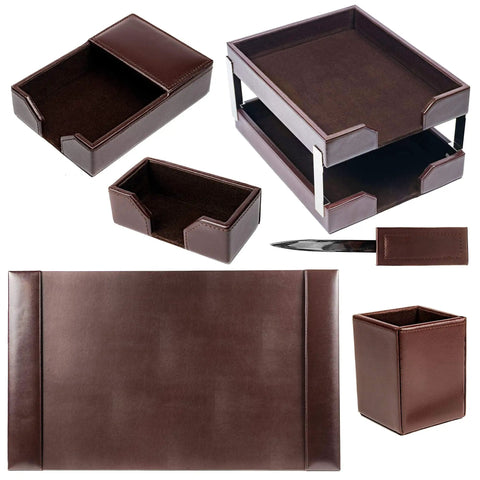 Bonded Leather Desk Set For Premium Office Organization, Leather Desk Pad And Organizer Essentials, Executive Desk Decor In Rich Dark Brown
