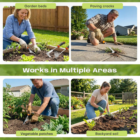 People using Three In One Weed Puller Tool Set With Ergonomic Handle And Stainless Steel Heads for gardening in various areas