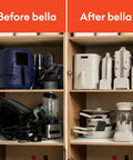 Before and after kitchen organization showing clutter on the left and tidied appliances on the right.