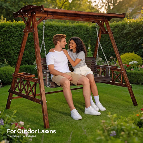Couple sitting on a bench under a heavy duty six point six foot porch swing frame with adjustable canopy in garden setting