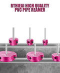 Six Piece PVC Pipe Reamer Kit For SCH40 PVC CPVC ABS Fittings, showing six reamer heads on display with drill attachments and carbide inserts.