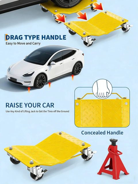 Heavy Duty Car Wheel Dolly Set Beefy Steel Frame 6000 Pound Capacity 360 Degree Swivel Casters for easy vehicle lifting and moving.