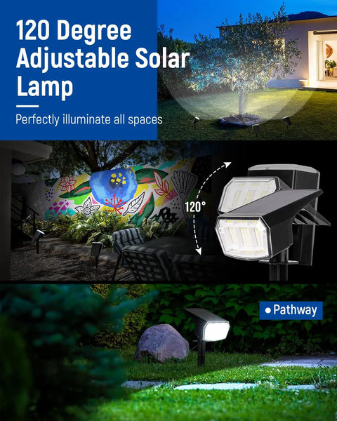 Top Shelf Kickass Outdoor Solar Spotlight Lights 4 Pack All Weather Waterproof Flood Beams For Patios Gardens And Driveways Cool White Daylight Zero Fuss Setup illuminates garden with 120-degree adjustable angle.