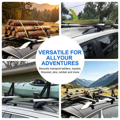 Heavy Duty T Slot Load Stops Lock Your Rig Down Tight On Truck Bed Bars No Sweat Tool Free Install Works Hella Well For Ladders Skis Kayaks Firewood Plus Durable Rust Proof Non Slip Grip on roof rack with logs, kayak, and skis.
