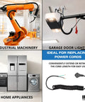 Super Heavy Duty Coiled Extension Cord Retracting Power Cable 5 Foot Black Flat Plug For Garage Shop Plus Outdoor Tool Time Essentials Go Getters, shown with industrial machinery and home appliances.