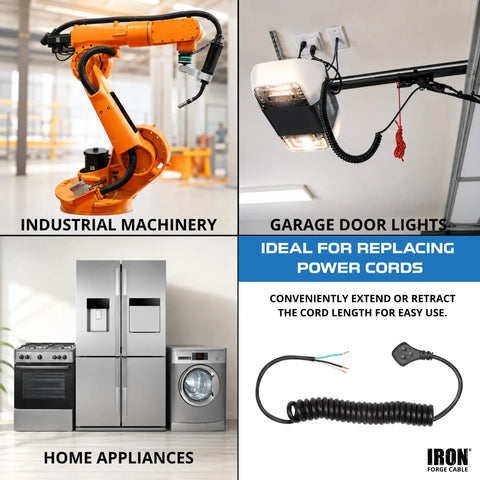 Super Heavy Duty Coiled Extension Cord Retracting Power Cable 5 Foot Black Flat Plug For Garage Shop Plus Outdoor Tool Time Essentials Go Getters, shown with industrial machinery and home appliances.