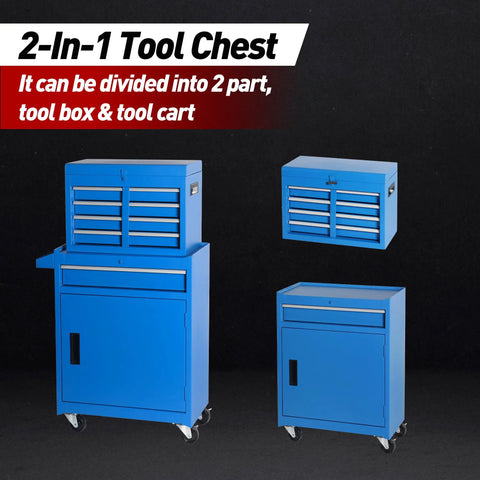 Badass Heavy Duty Rolling Tool Chest With Five Snappy Drawers And Detachable Top Box displaying two parts in classic blue.