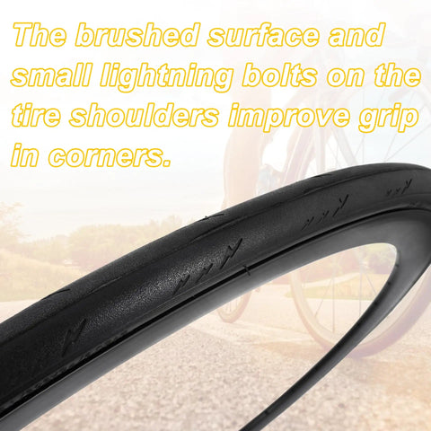 Close-up of 700x25c Road Bike Tire With brushed surface and lightning bolt pattern for grip, on a background bike wheel.