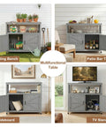 Wooden Patio Bar Table With Storage And Cedar Outdoor Buffet Cabinet in use as potting bench, bar table, sideboard, TV stand