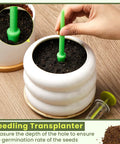 Person using the Six Piece Mini Seed Dispenser Kit With Two Transplanting Tools And Seed Planter in fluorescent yellow for garden sowing.