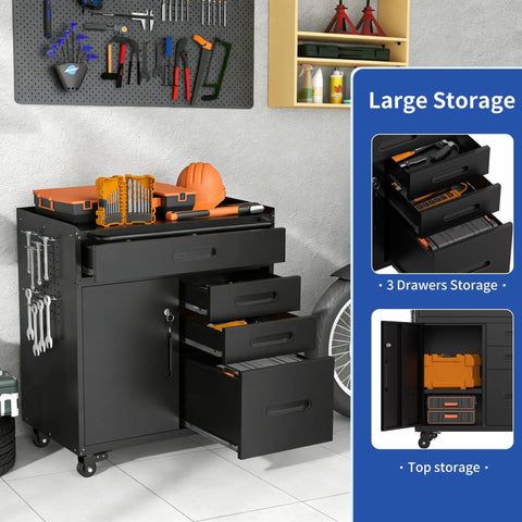 Rock Solid Mobile Tool Cabinet With Rollable Casters And Secure Locks For Garage Workspace Organization Zero Hassle Mobility Durable Gear Locker 30 Inch Black with tools and 3 drawers in a garage.