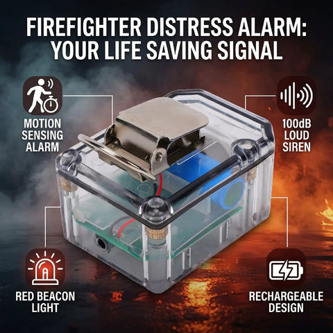 Hella Dependable Firefighter Distress Alarm With Automatic Motion Detection And A Dang Bright Red Led Beacon signaling 100dB loud siren