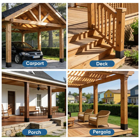 Carport, deck, porch, and pergola installations using Six Pack 4x6 Heavy Duty Metal Post Base Brackets With 3.6x5.6 Inner Fit No Wobble Design Rust Resistant Includes Hardware For Fence Porch Pergola Mailbox Wood To Concrete Installations.