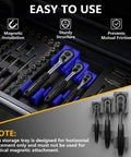 Ratchet Organizer Set For One Quarter Inch, Three Eighths Inch, And One Half Inch Ratchets With Low Profile Magnetic Drawer Mounts Modular Space Saving Drawer Organization In Blue For Toolboxes And Busy Shops shown in a drawer.
