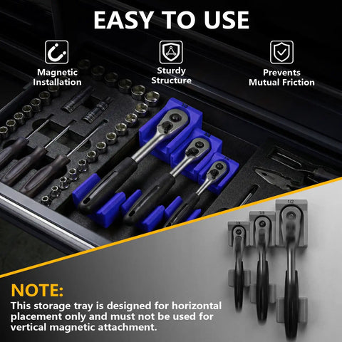 Ratchet Organizer Set For One Quarter Inch, Three Eighths Inch, And One Half Inch Ratchets With Low Profile Magnetic Drawer Mounts Modular Space Saving Drawer Organization In Blue For Toolboxes And Busy Shops shown in a drawer.