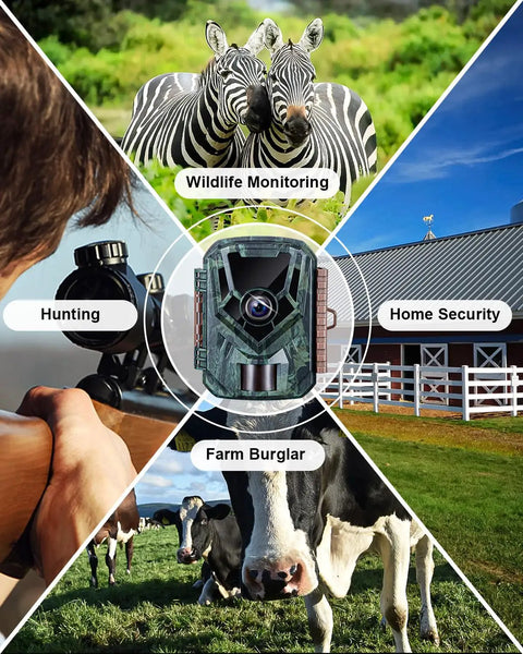 Professional 36 Mega Pixel Trail Camera Rendering Crisp 2 Point 7K Video With Hella Sensitive Motion Sensors And Slick Infrared Night Vision Waterproof Wildlife Game Camera Featuring Lightning Fast Zero Point One Second Trigger For Outdoor Hunting with zebras and cows.