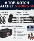 Beefed Up Heavy Duty Motorcycle Tie Down Straps Kit 1.5 Inch Wide By 8 Feet With Soft Loops 4400 Pound Break Strength Locking Ratchet
