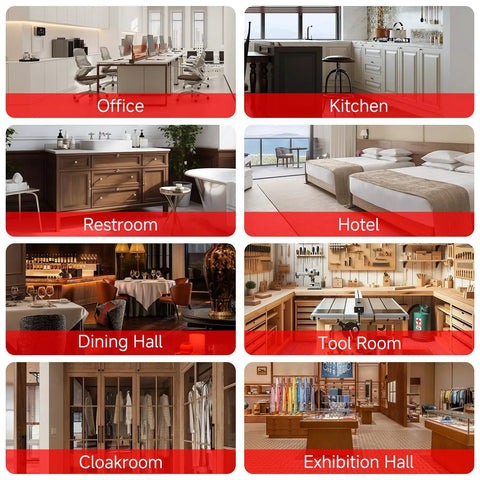 Collage showing various rooms: Office, Kitchen, Restroom, Hotel, Dining Hall, Tool Room, Cloakroom, and Exhibition Hall.
