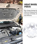 Open car hood showing insulation with heat plate disc from 100 Pc Car Hood Insulation Heat Plate Discs Kit With Iron Internal Tooth Lock Washers And Silver Rigid Fasteners To Fix Handle Shafts For Industrial Use.