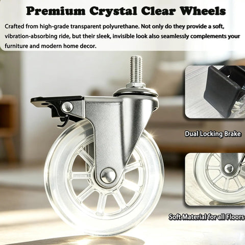 Badass 4-Inch Crystal Clear Caster Wheels With Brake M8x25mm Stem showing transparent polyurethane wheel with a dual locking brake.