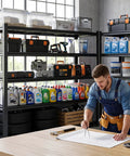 Heavy Duty Garage Shelving Units With Built Tough Storage Rack And Beefed Up Black Metal Frame For Garages And Workshops Supporting 5000 Lbs Load Across Five Rock Solid Tiers with tools and storage bins.
