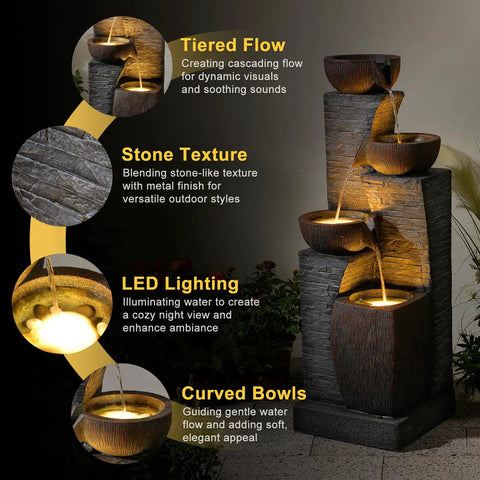 Tall Outdoor Water Fountain With Stone Texture, Four Tier Cascading Bowls For Patio Deck Porch Yard And Garden, 38.2 Inches High