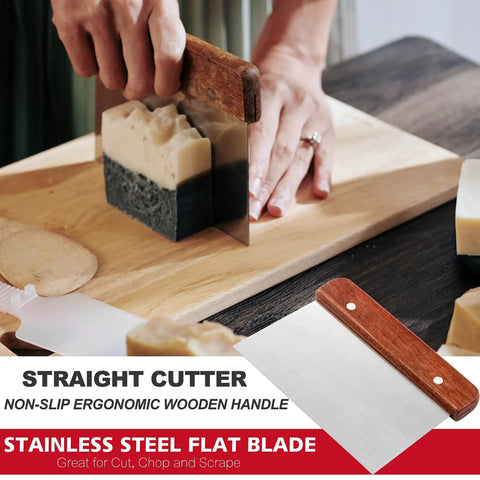 Person using Rectangular Soap Mold Kit With Cutter For DIY Soap Making, 42oz Flexible Silicone Loaf Mold With Wooden Box And Stainless Steel Wavy And Straight Scrapers