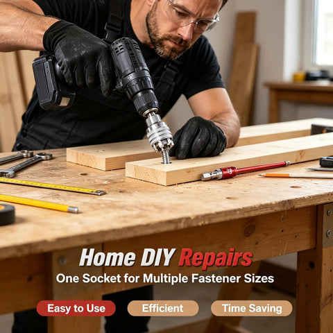 Man using Adjustable Multi Function Socket Wrench With Auto Grip Ratchet on wood, showing ease of multi-size fastener extraction.