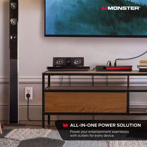 Living room setup with Vertex Dope Surge Protector With Detachable USB Power Strip on shelf, powering electronics.