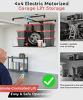 Game Changing Motorized Garage Ceiling Storage Rack With Remote Control 4 By 4 Ft Overhead Lift System with bins and tire.